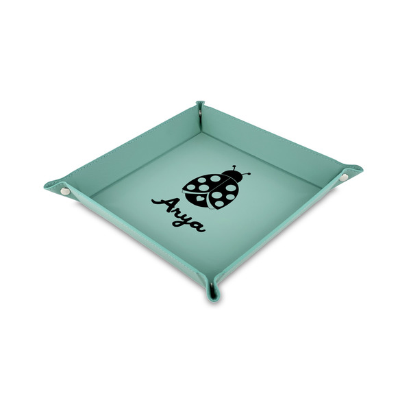 Custom Ladybugs & Gingham 6" x 6" Teal Faux Leather Valet Tray (Personalized)