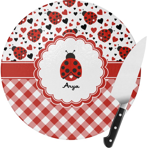 Custom Ladybugs & Gingham Round Glass Cutting Board - Small (Personalized)