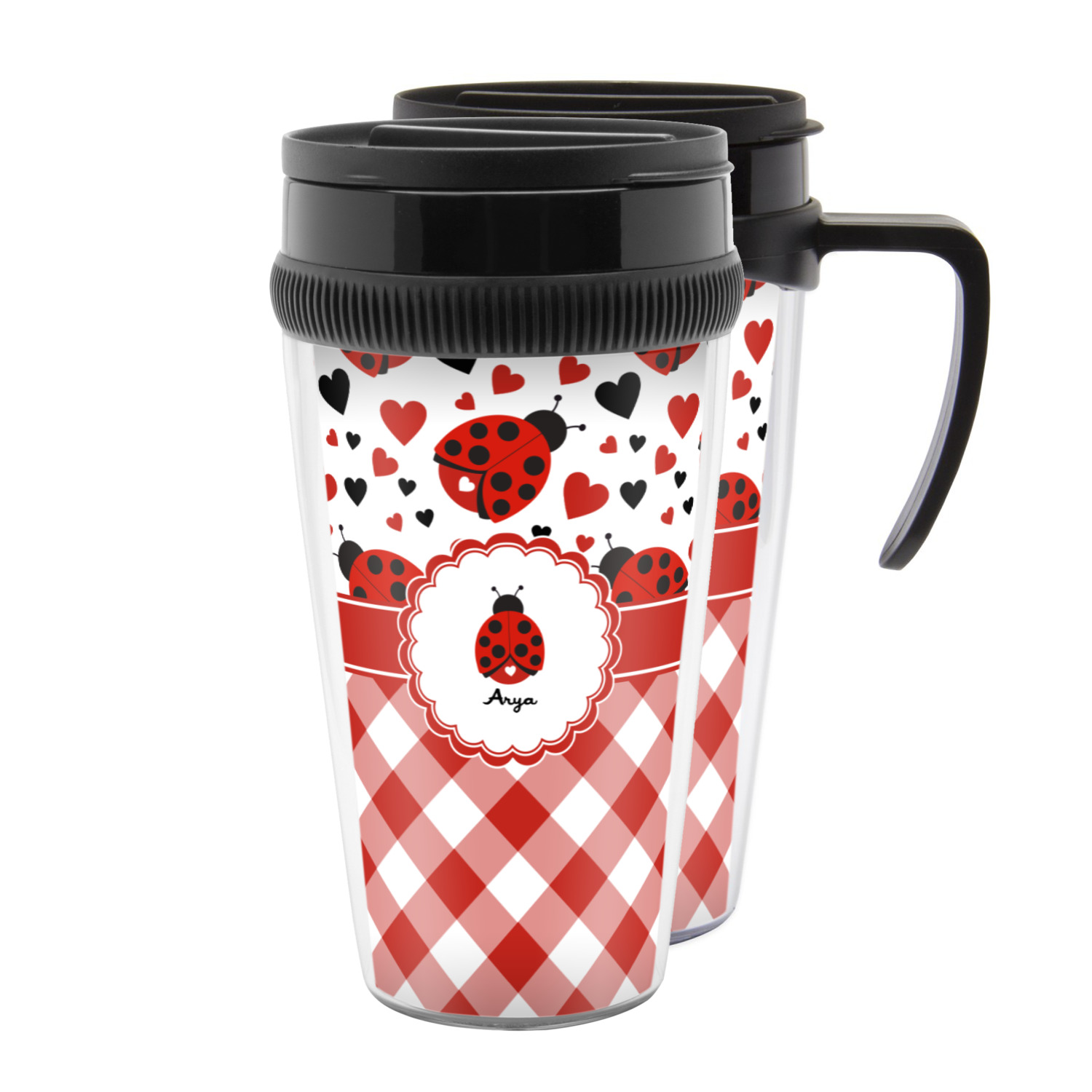 Custom Ladybugs & Gingham Acrylic Travel Mug (Personalized