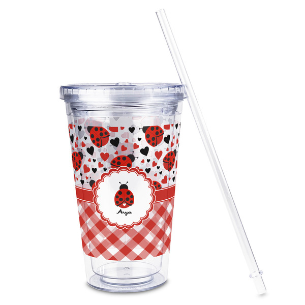 Ladybugs & Gingham Acrylic Tumbler - Full Print - Front straw out