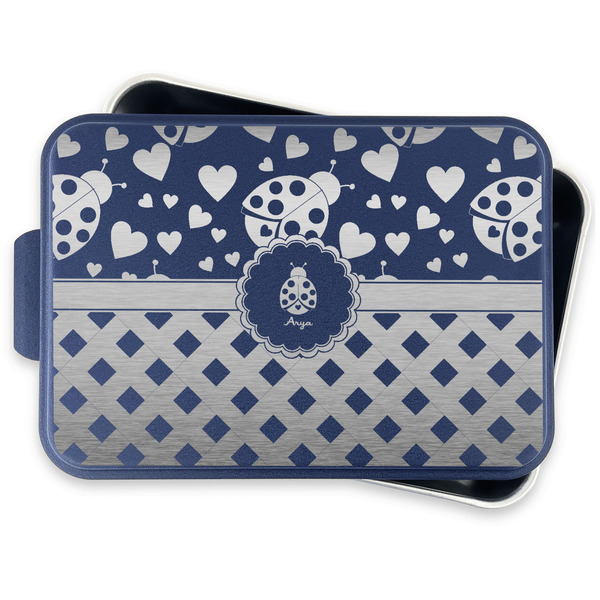 Ladybugs & Gingham Aluminum Baking Pan - Navy Lid - FRONT w/lid off