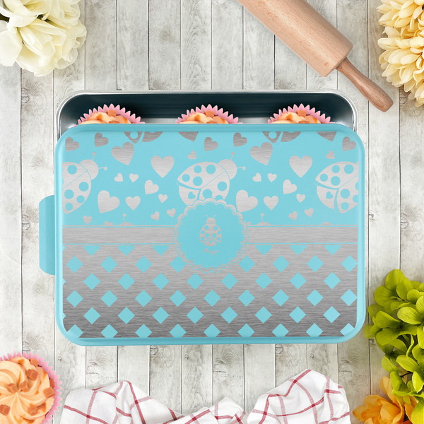Ladybugs & Gingham Aluminum Baking Pan - Teal Lid - LIFESTYLE