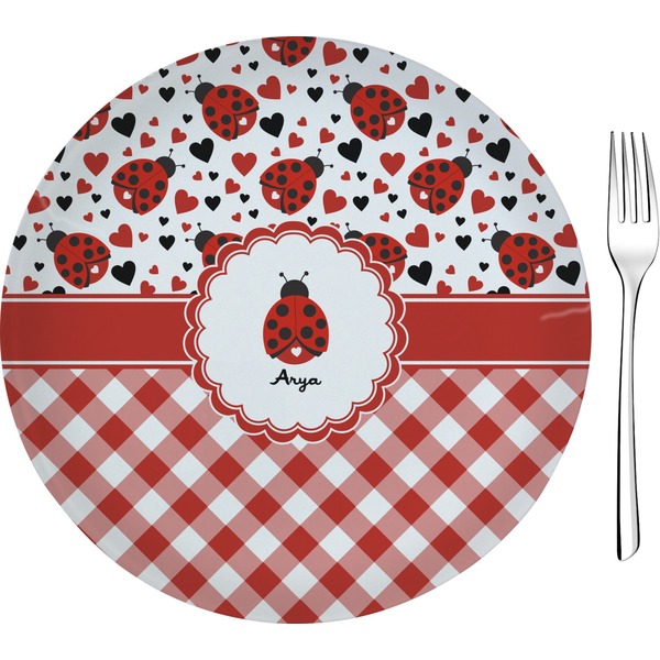 Custom Ladybugs & Gingham Glass Appetizer / Dessert Plate 8" (Personalized)