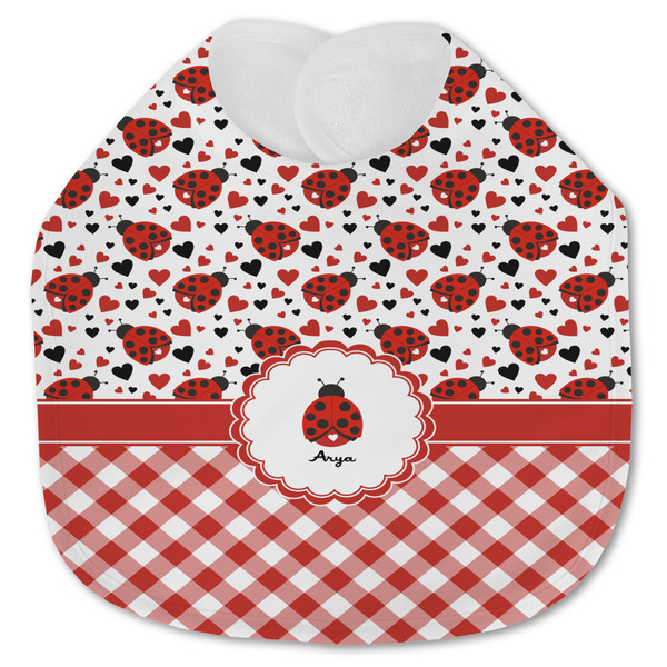 Custom Ladybugs & Gingham Jersey Knit Baby Bib w/ Name or Text
