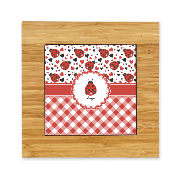 Custom Ladybugs & Gingham Bamboo Trivet with Ceramic Tile Insert (Personalized)