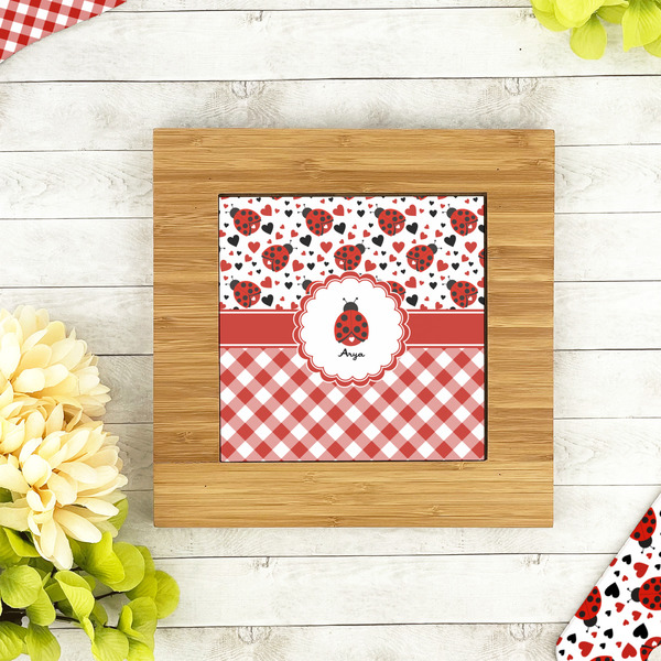 Ladybugs & Gingham Bamboo Trivet with 6" Tile - LIFESTYLE