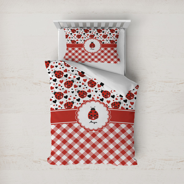 Custom Ladybugs & Gingham Duvet Cover Set - Twin (Personalized)