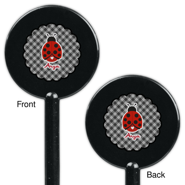 Ladybugs & Gingham Black Plastic 5.5" Stir Stick - Double Sided - Round - Front & Back