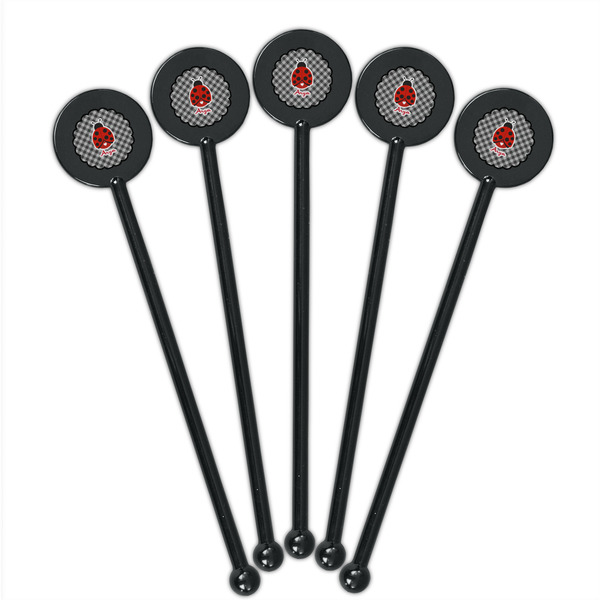 Ladybugs & Gingham Black Plastic 5.5" Stir Stick - Round - Fan View