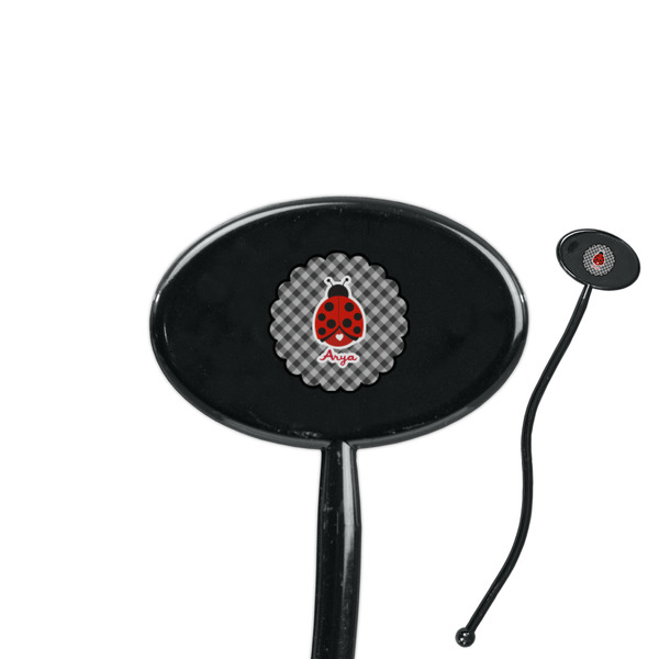 Custom Ladybugs & Gingham 7" Oval Plastic Stir Sticks - Black - Single Sided (Personalized)