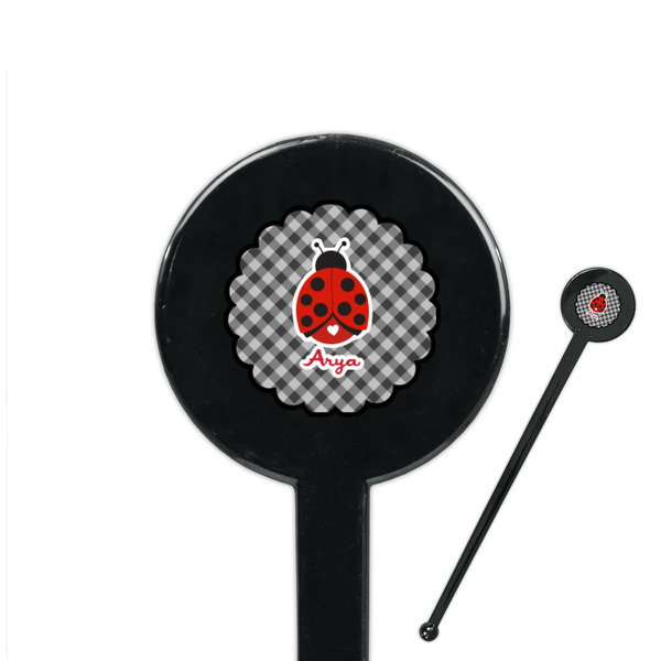 Custom Ladybugs & Gingham 7" Round Plastic Stir Sticks - Black - Double Sided (Personalized)