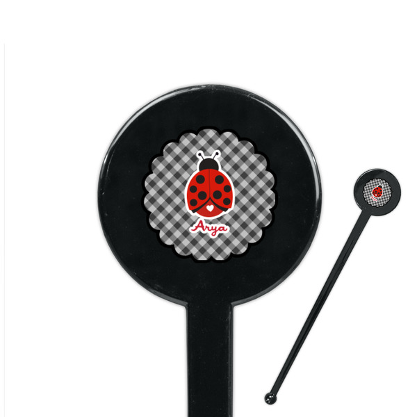 Custom Ladybugs & Gingham 7" Round Plastic Stir Sticks - Black - Single Sided (Personalized)