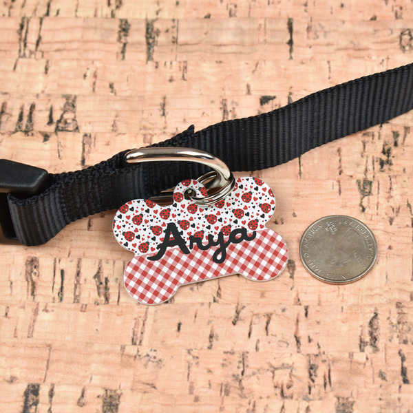 Ladybugs & Gingham Bone Shaped Dog ID Tag - Large - In Context