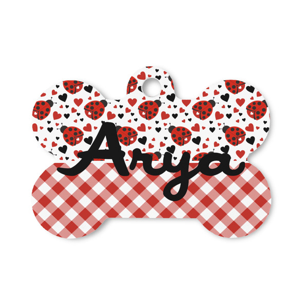 Custom Ladybugs & Gingham Bone Shaped Dog ID Tag - Small (Personalized)