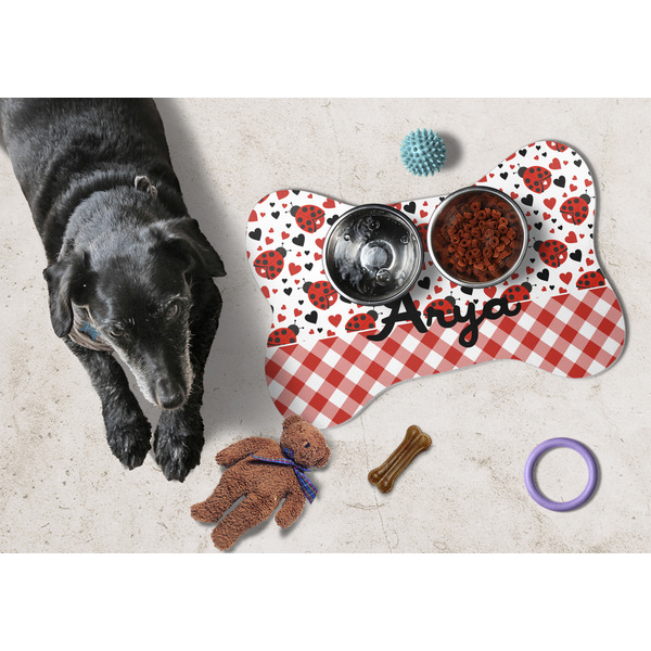Ladybugs & Gingham Bone Shaped Mat w/ Food & Water