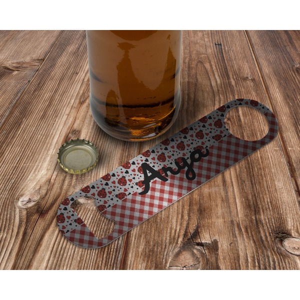 Ladybugs & Gingham Bottle Opener - In Use
