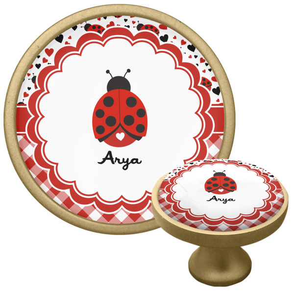 Custom Ladybugs & Gingham Cabinet Knob - Gold (Personalized)