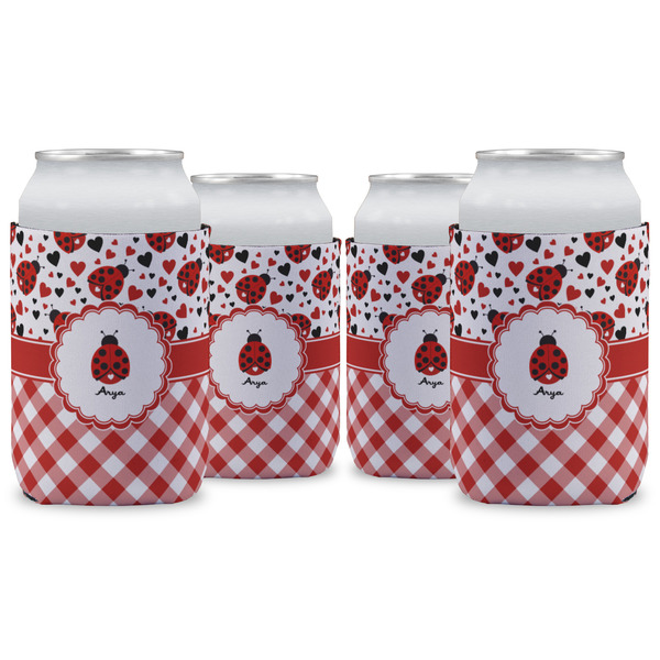 Custom Ladybugs & Gingham Can Cooler (12 oz) - Set of 4 w/ Name or Text