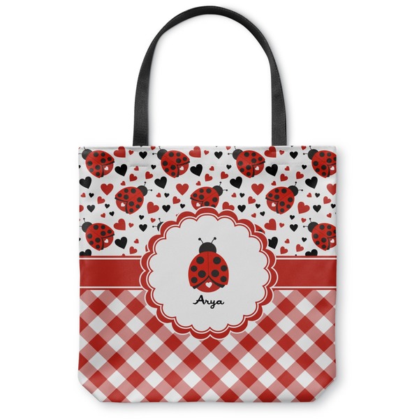 Custom Ladybugs & Gingham Canvas Tote Bag - Medium - 16"x16" (Personalized)
