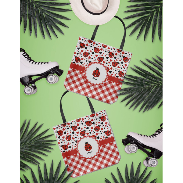 Ladybugs & Gingham Canvas Tote Lifestyle Front and Back- 13x13