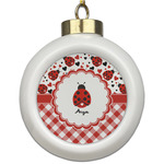 Ladybugs & Gingham Ceramic Ball Ornament (Personalized)