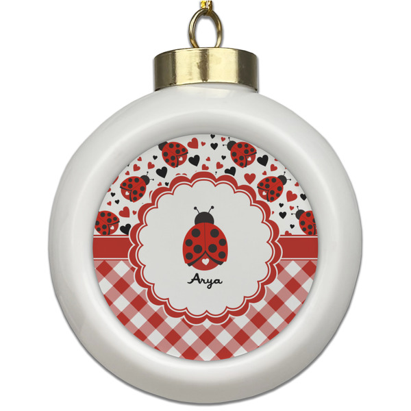 Custom Ladybugs & Gingham Ceramic Ball Ornament (Personalized)