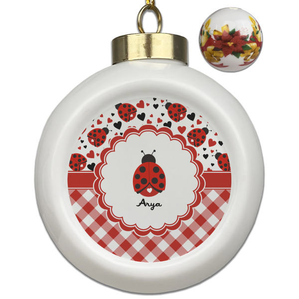 Custom Ladybugs & Gingham Ceramic Ball Ornaments - Poinsettia Garland (Personalized)