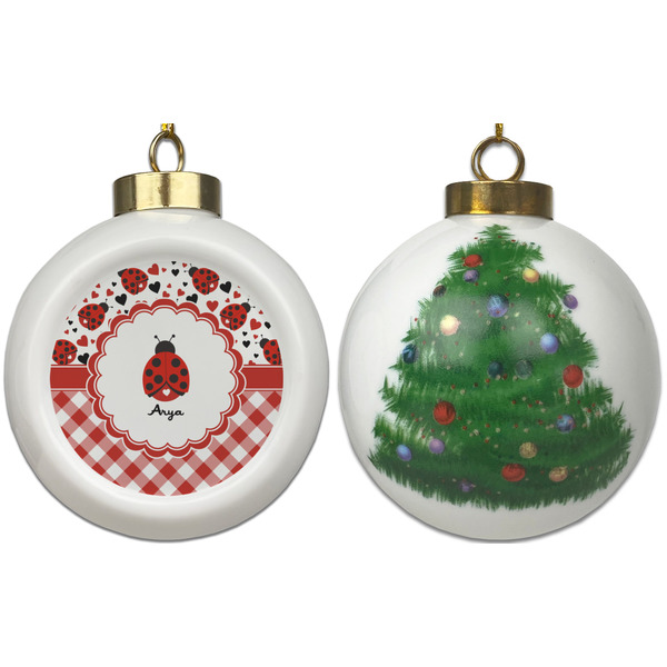 Ladybugs & Gingham Ceramic Christmas Ornament - X-Mas Tree (APPROVAL)