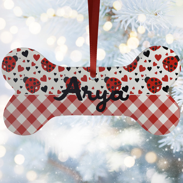 Custom Ladybugs & Gingham Ceramic Dog Ornament w/ Name or Text