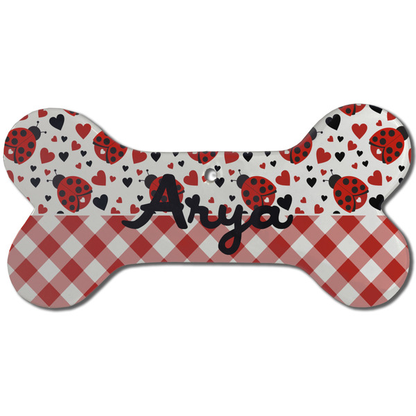 Custom Ladybugs & Gingham Ceramic Dog Ornament - Front w/ Name or Text