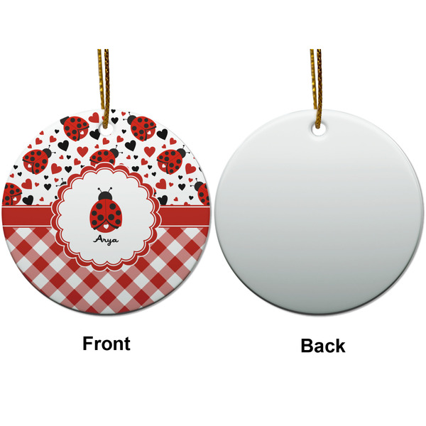 Ladybugs & Gingham Ceramic Flat Ornament - Circle Front & Back (APPROVAL)