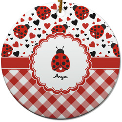 Ladybugs & Gingham Round Ceramic Ornament w/ Name or Text