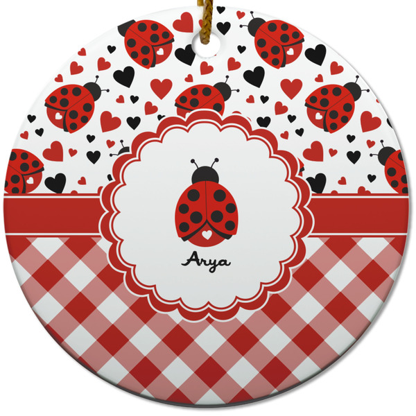 Custom Ladybugs & Gingham Round Ceramic Ornament w/ Name or Text