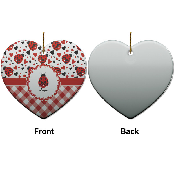 Ladybugs & Gingham Ceramic Flat Ornament - Heart Front & Back (APPROVAL)