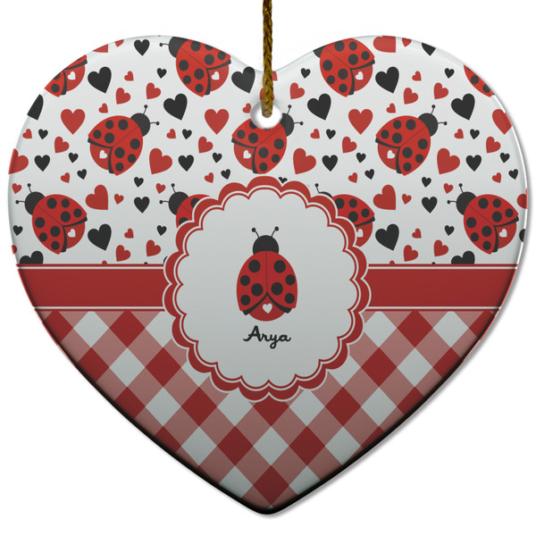 Custom Ladybugs & Gingham Heart Ceramic Ornament w/ Name or Text