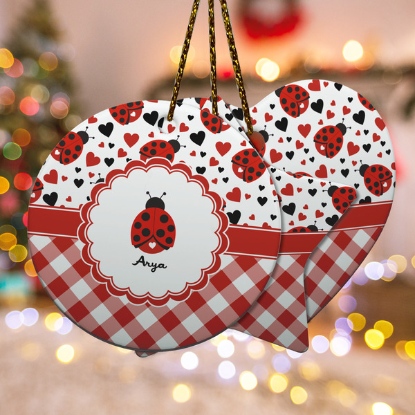 Custom Ladybugs & Gingham Ceramic Ornament w/ Name or Text