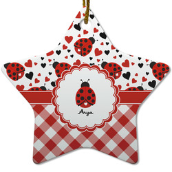Ladybugs & Gingham Star Ceramic Ornament w/ Name or Text