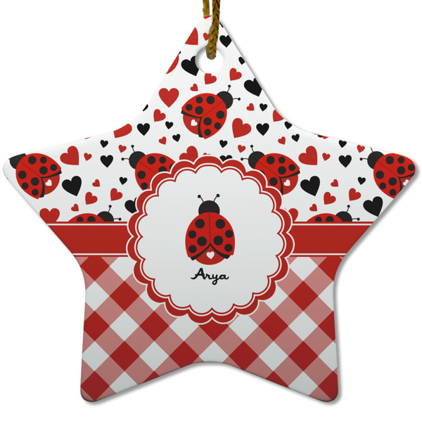 Custom Ladybugs & Gingham Star Ceramic Ornament w/ Name or Text