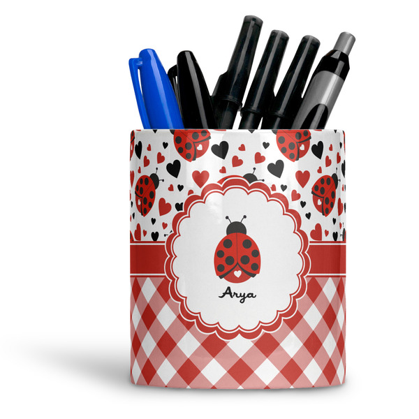 Custom Ladybugs & Gingham Ceramic Pen Holder