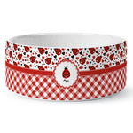 Ladybugs & Gingham Ceramic Dog Bowl (Personalized)