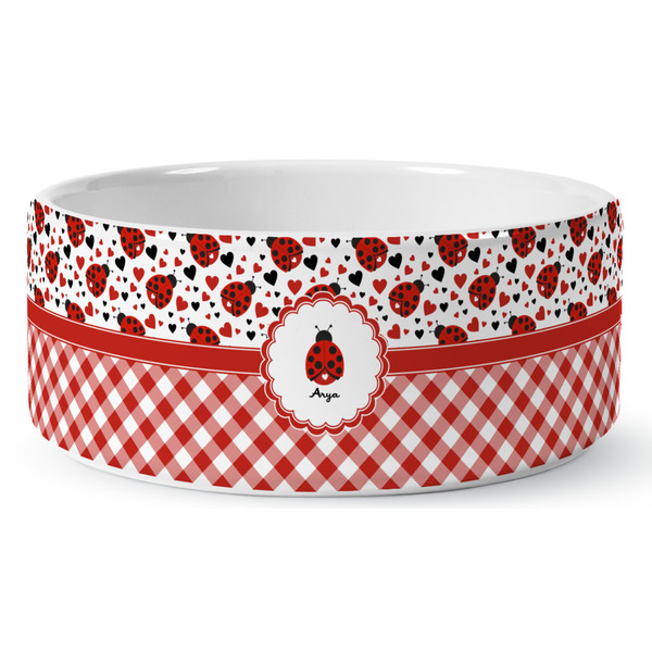 Custom Ladybugs & Gingham Ceramic Dog Bowl - Medium (Personalized)