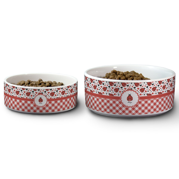 Ladybugs & Gingham Ceramic Dog Bowls - Size Comparison