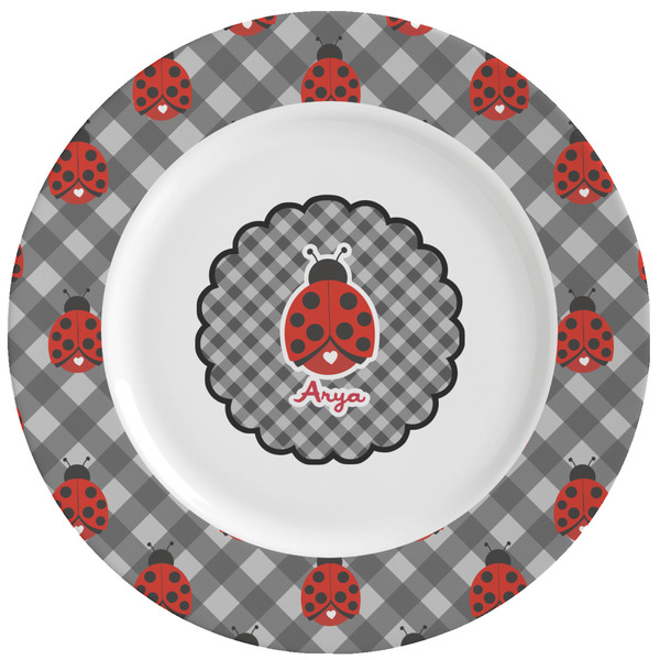 Custom Ladybugs & Gingham Ceramic Dinner Plates (Set of 4) (Personalized)
