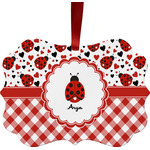 Ladybugs & Gingham Metal Frame Ornament - Double Sided w/ Name or Text