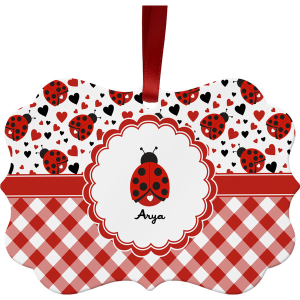 Custom Ladybugs & Gingham Metal Frame Ornament - Double Sided w/ Name or Text