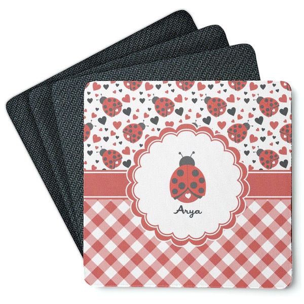 Custom Ladybugs & Gingham Square Rubber Backed Coasters - Set of 4 (Personalized)