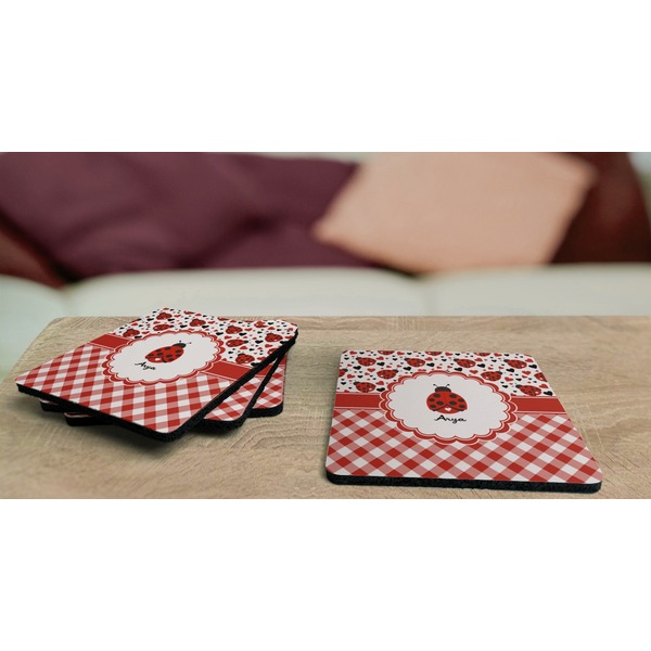 Ladybugs & Gingham Coaster Rubber Back - On Coffee Table