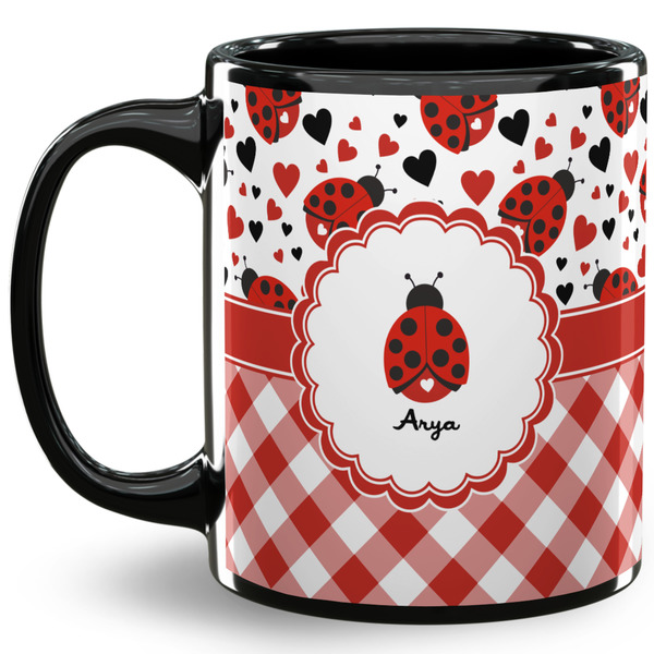 Custom Ladybugs & Gingham 11 Oz Coffee Mug - Black (Personalized)