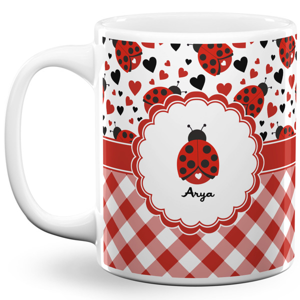 Custom Ladybugs & Gingham 11 Oz Coffee Mug - White (Personalized)
