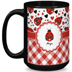 Ladybugs & Gingham 15 Oz Coffee Mug - Black (Personalized)
